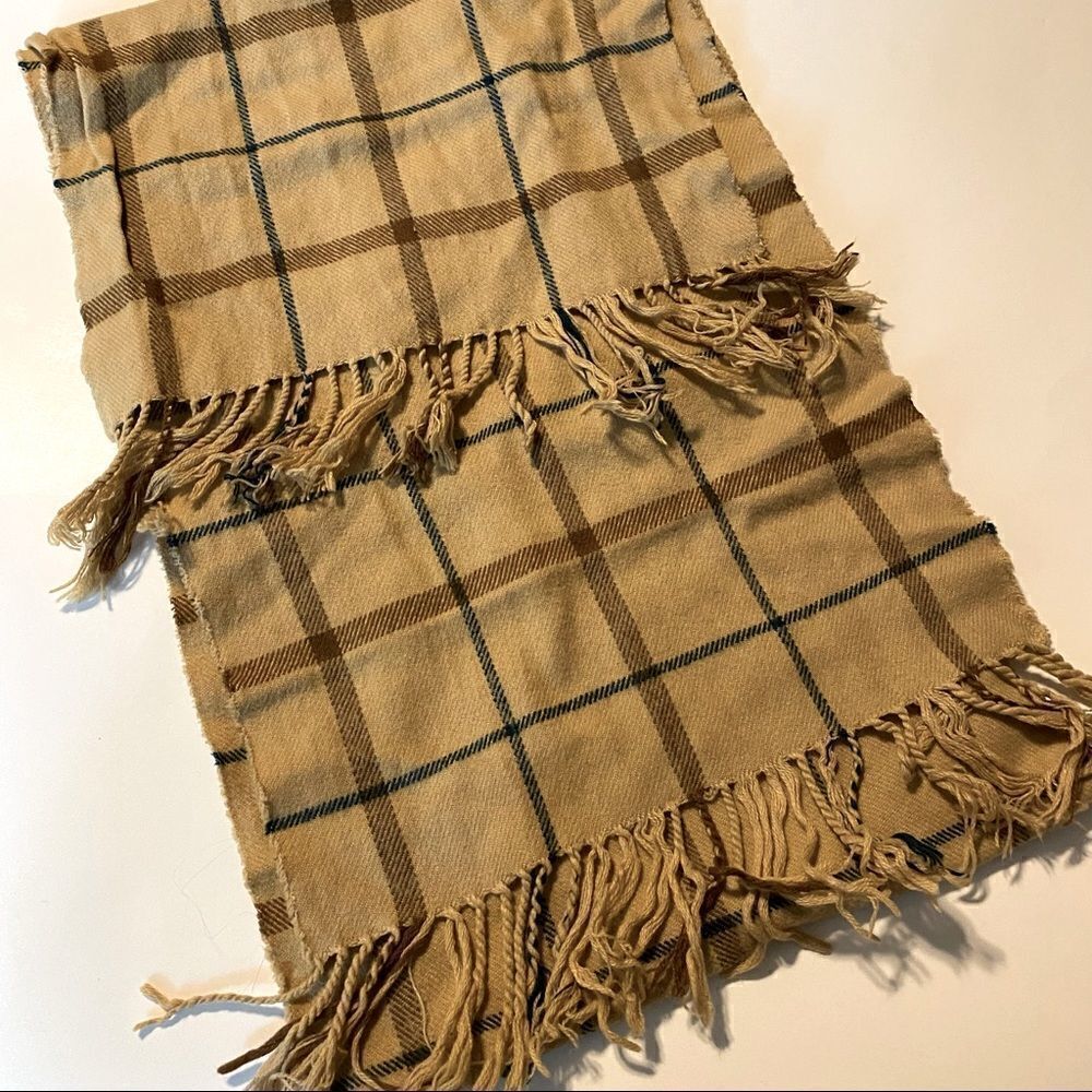 Tan camel tartan plaid scarf beige tan and chocolate unisex men woman 11x66